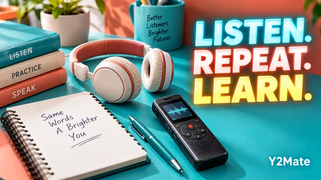 Notebook and headphones prepared for spoken language practice