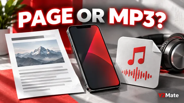 Phone between a webpage and audio tile illustrating a saved page versus MP3