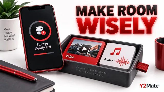 Audio and video tiles arranged beside a phone with limited storage