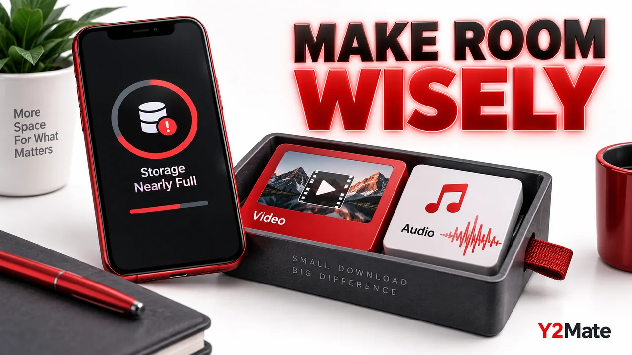 Audio and video tiles arranged beside a phone with limited storage