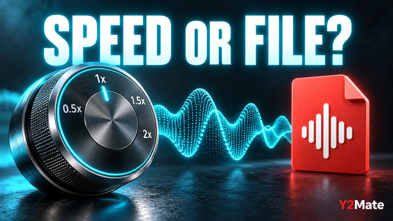 Speed dial beside an audio reel illustrating playback speed and saved media