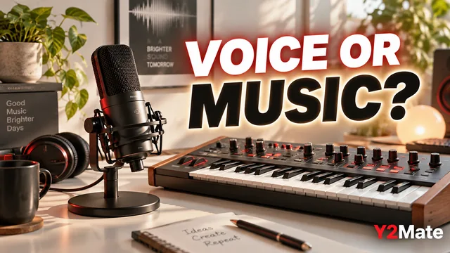 Microphone and musical keys representing speech and music choices